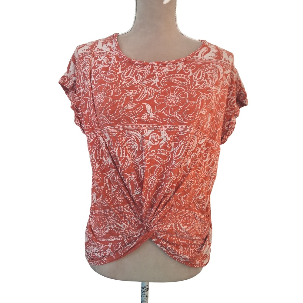 Lucky Brand Womens Orange White Paisley Twist Front Slub Knit Top Medium